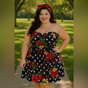 Torrid Vintage Navy Blue Polka Dot Floral Strapless Dress